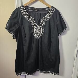 Style & Co Women's Top Embroidered V neck Short Sleeve Black Silver Size 22W